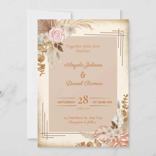 Biege Themed Blume Wedding Invitation Card Einladung (Vorderseite)