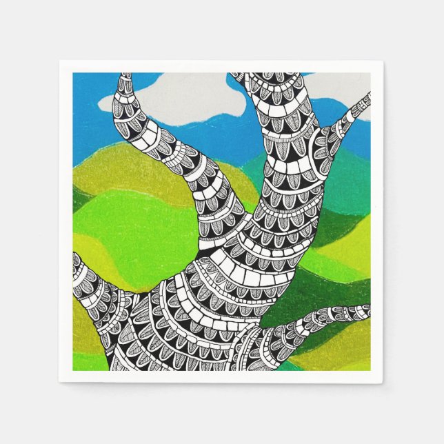 Biegsames Baumdesign Wolken Graslandschaft Serviette (Vorderseite)