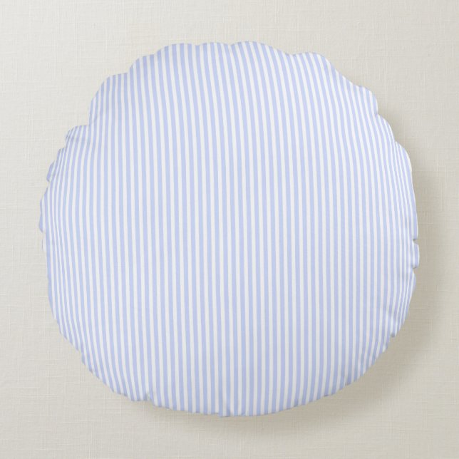 Biender Baby Blue Pale Sky Blue and White Strip Rundes Kissen (Vorderseite)