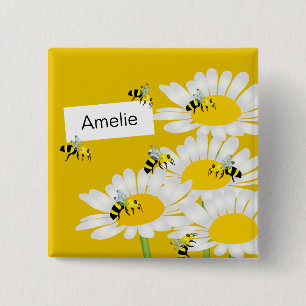 Biene auf Blumen-Quadrat-Knopf - gelber Button