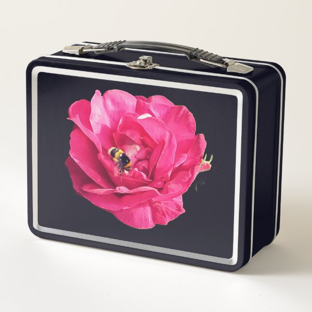 Biene auf einer dunkelrosa Blume Metall Brotdose (Vorderseite)