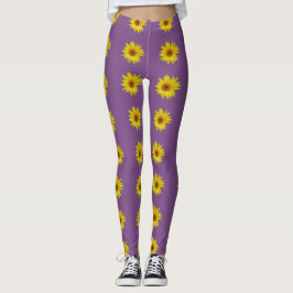 Biene auf einer Sonnenblume mit lila Hintergrund Leggings
