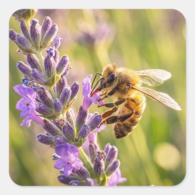 Biene auf Lavendel Quadratischer Aufkleber (Vorderseite)