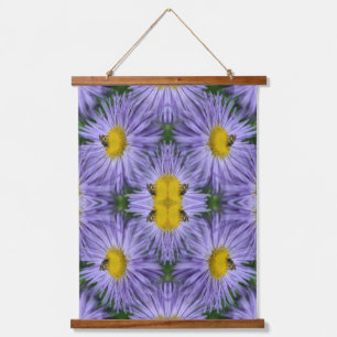 Biene auf Lila Aster-Blume Abstrakte Natur Wandteppich Mit Holzrahmen