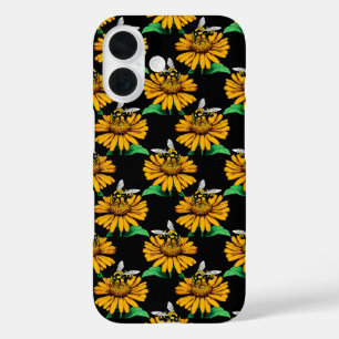 Biene auf Sonnenblumen Blume Muster Design Schwarz iPhone 16 Hülle
