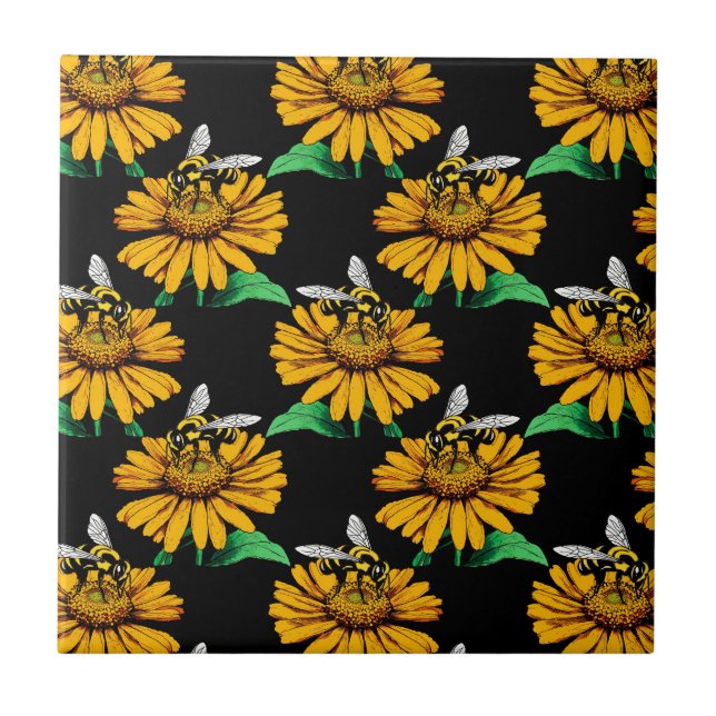 Biene auf Sonnenblumen Blume Muster Design Schwarz Fliese (Vorderseite)