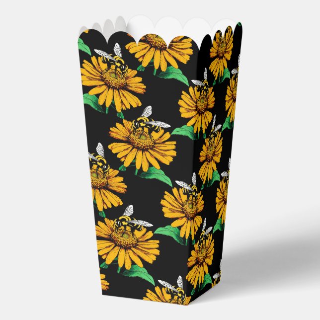 Biene auf Sonnenblumen Blume Muster Design Schwarz Geschenkschachtel (Rückseite)