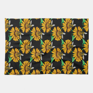 Biene auf Sonnenblumen Blume Muster Design Schwarz Geschirrtuch
