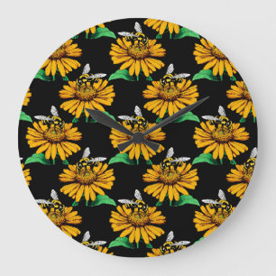Biene auf Sonnenblumen Blume Muster Design Schwarz Große Wanduhr