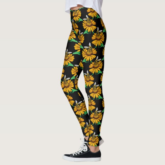 Biene auf Sonnenblumen Blume Muster Design Schwarz Leggings (Von Creator hochgeladen)