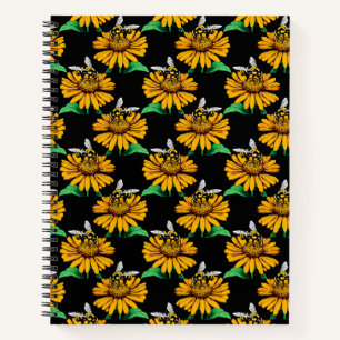 Biene auf Sonnenblumen Blume Muster Design Schwarz Notizbuch