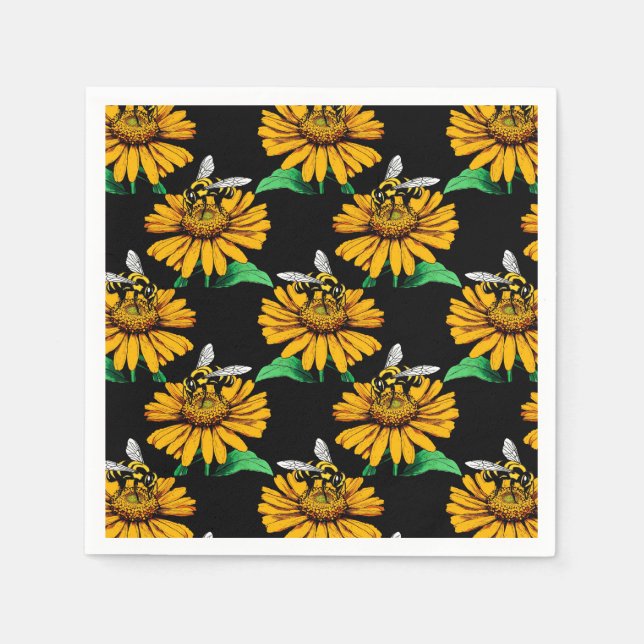 Biene auf Sonnenblumen Blume Muster Design Schwarz Serviette (Vorderseite)