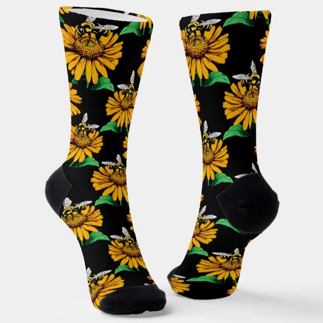 Biene auf Sonnenblumen Blume Muster Design Schwarz Socken (Von Creator hochgeladen)
