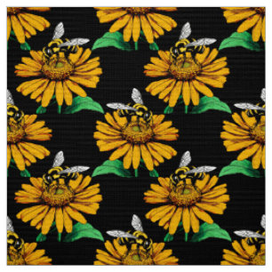 Biene auf Sonnenblumen Blume Muster Design Schwarz Stoff