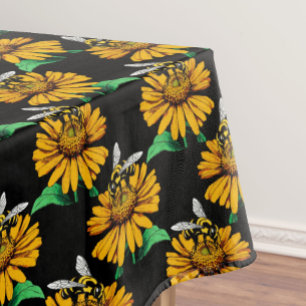 Biene auf Sonnenblumen Blume Muster Design Schwarz Tischdecke