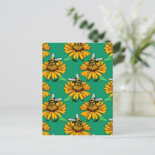 Biene auf Sonnenblumen-Blumenmuster-Design Grün Postkarte