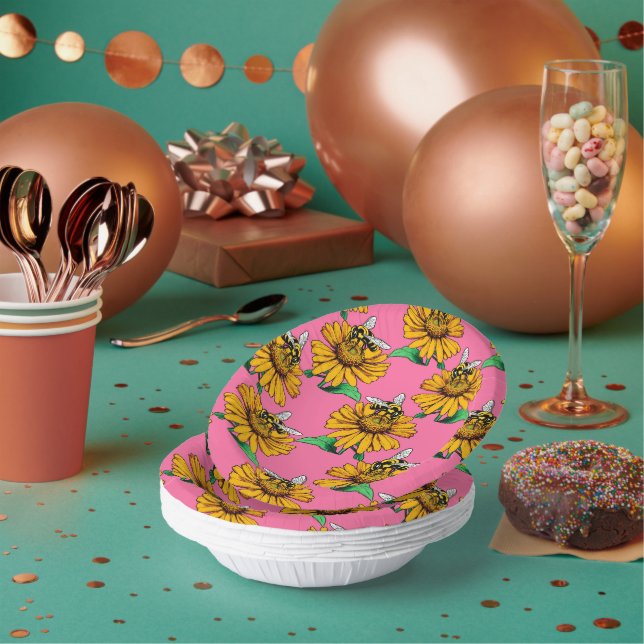 Biene auf Sonnenblumen-Blumenmuster-Design Rosa Pappteller (Multi)