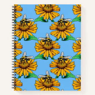 Biene auf Sonnenblumen-Blütenmuster-Design Blau Notizbuch