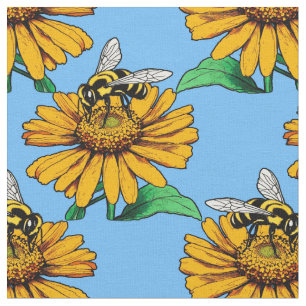 Biene auf Sonnenblumen-Blütenmuster-Design Blau Stoff