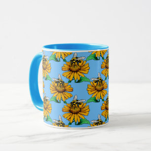 Biene auf Sonnenblumen-Blütenmuster-Design Blau Tasse