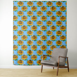 Biene auf Sonnenblumen-Blütenmuster-Design Blau Wandteppich
