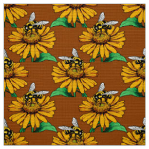 Biene auf Sonnenblumen-Blütenmuster-Design Braun Stoff