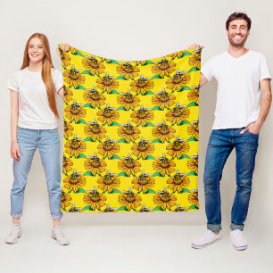 Biene auf Sonnenblumen-Blütenmuster-Design Gelb Fleecedecke