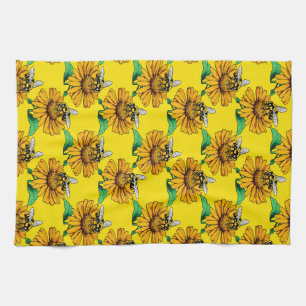 Biene auf Sonnenblumen-Blütenmuster-Design Gelb Geschirrtuch