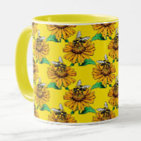 Biene auf Sonnenblumen-Blütenmuster-Design Gelb