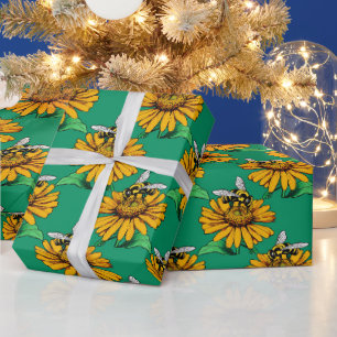 Biene auf Sonnenblumen-Blütenmuster-Design Grün Geschenkpapier