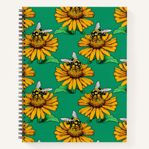 Biene auf Sonnenblumen-Blütenmuster-Design Grün Notizbuch