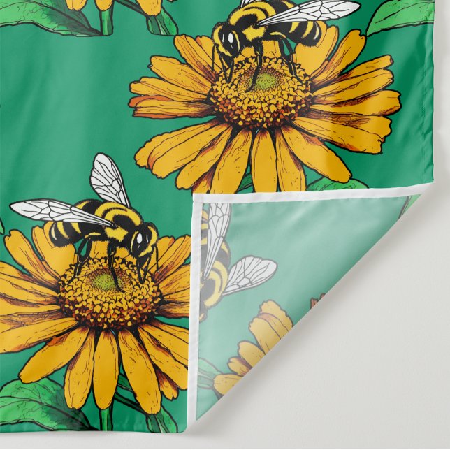 Biene auf Sonnenblumen-Blütenmuster-Design Grün Stoff (Von Creator hochgeladen)