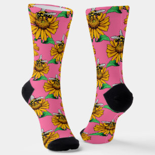 Biene auf Sonnenblumen-Blütenmuster-Design Rosa Socken