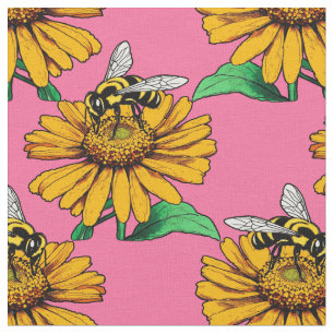 Biene auf Sonnenblumen-Blütenmuster-Design Rosa Stoff