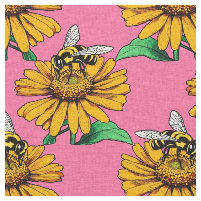 Biene auf Sonnenblumen-Blütenmuster-Design Rosa Stoff (Nahaufnahme)