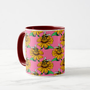Biene auf Sonnenblumen-Blütenmuster-Design Rosa Tasse