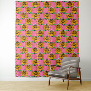 Biene auf Sonnenblumen-Blütenmuster-Design Rosa Wandteppich