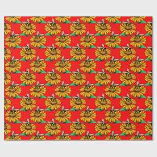 Biene auf Sonnenblumen-Blütenmuster-Design Rot Geschenkpapier