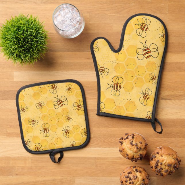 Biene Buzzing Honey Bees Niedlich Ofenhandschuh & Topflappen-Set (Oben Unten)