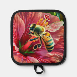 Biene, die eine lebendige Hibiskus-Blume befruchte Topflappen