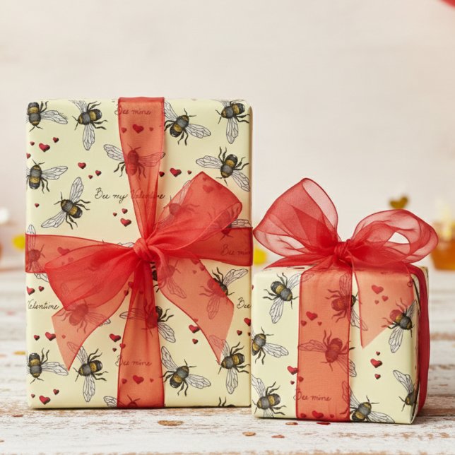 Biene meine Valentinbienen und Herz-Gelb Geschenkpapier (Elegant Insect Bee My Valentine Valentine's Day Wrapping Paper. Modern Bees & Red Heart Pattern)