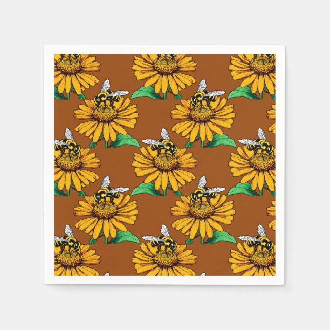 Biene on Sunflower Blume Muster Design Brown Serviette (Vorderseite)