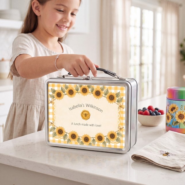 Biene & Sonnenblume Gelb Gingham Kinder Lunchbox (Von Creator hochgeladen)