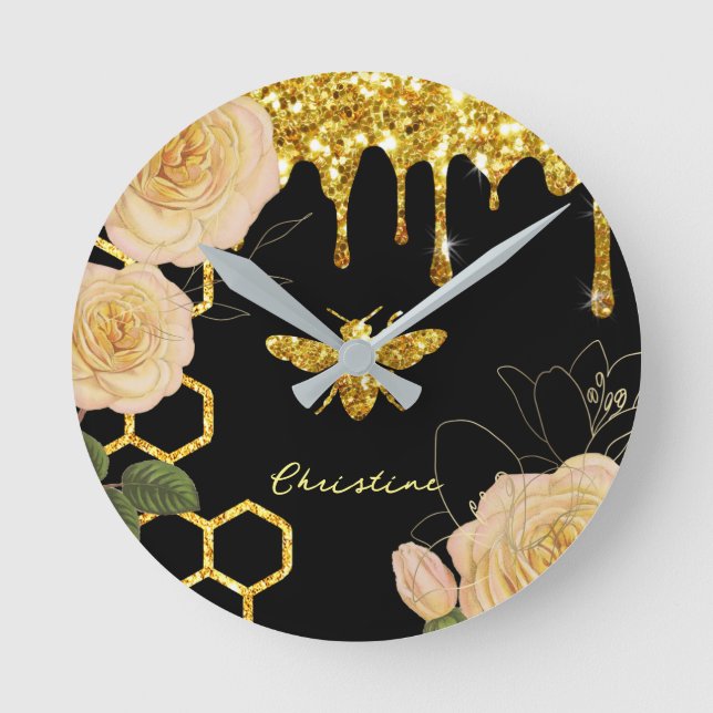 Biene und Rosen Runde Wanduhr (Vorderseite)