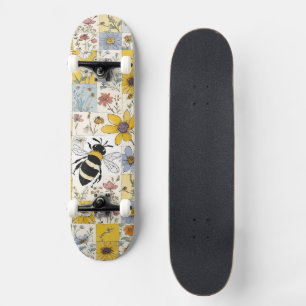 Biene Vintage Floral Patchwork Gelb und Blau Skateboard