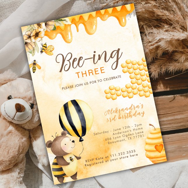 Biene wird Drei Honey Bear 3. Geburtstag Gelb Einladung (Von Creator hochgeladen)