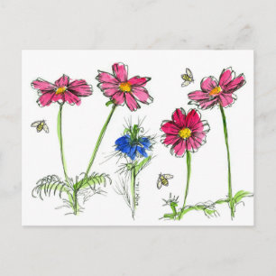 Bienen Aquarell Blume Rosa Kosmos Postkarte