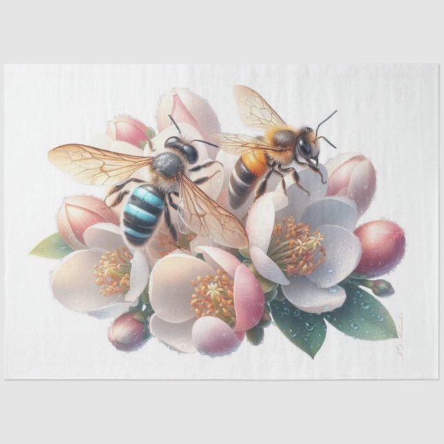 Bienen auf Apple Blossom Decoupage Seidenpapier (Vorderseite)