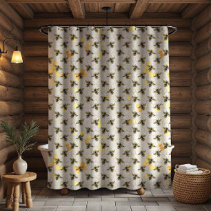Bienen auf Honeycomb Muster Gelb Gold Grau Rustika Duschvorhang