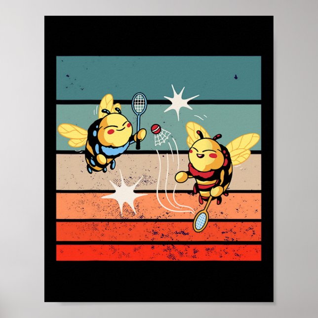 Bienen Badminton Dynamic Cartoonish Artwork Funny  Poster (Vorne)
